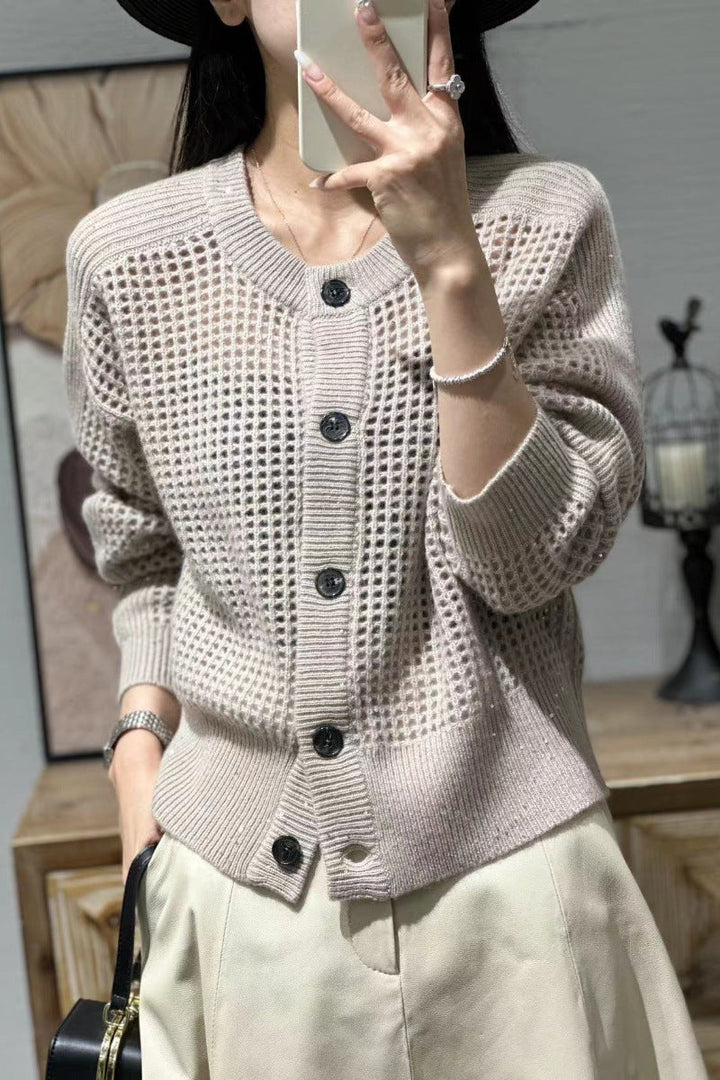 Women's Mesh Cardigan with Round Neck, Button Placket, and Long Sleeves