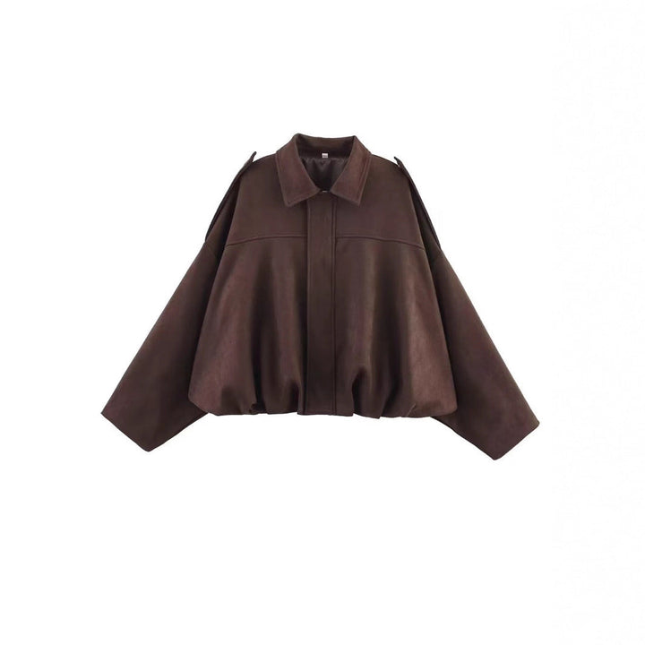 Women's Cropped Boxy Transitional Jacket in Suede Look with Epaulettes Echoarchive, view 3 - Elena Harper