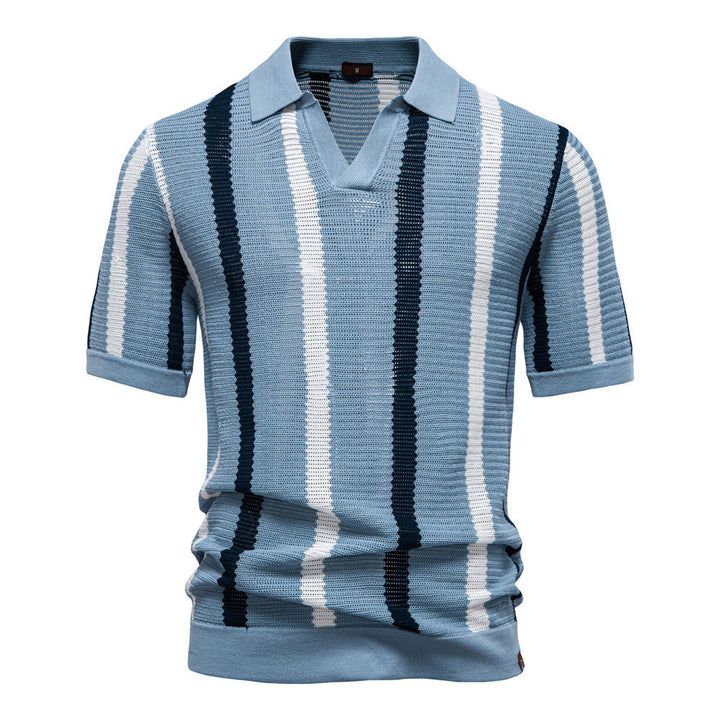 Men's Vertical Stripe Knit Polo Shirt – Open Collar Style