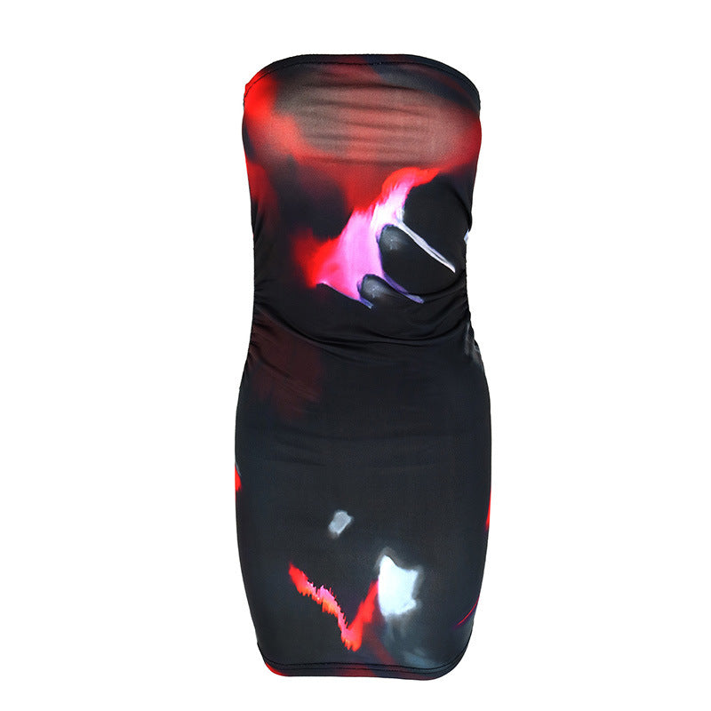 Women's Sleeveless Mini Dress with Ruching and Modern Pattern EB