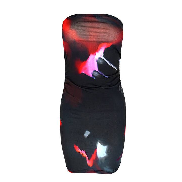Women's Sleeveless Mini Dress with Ruching and Modern Pattern EB
