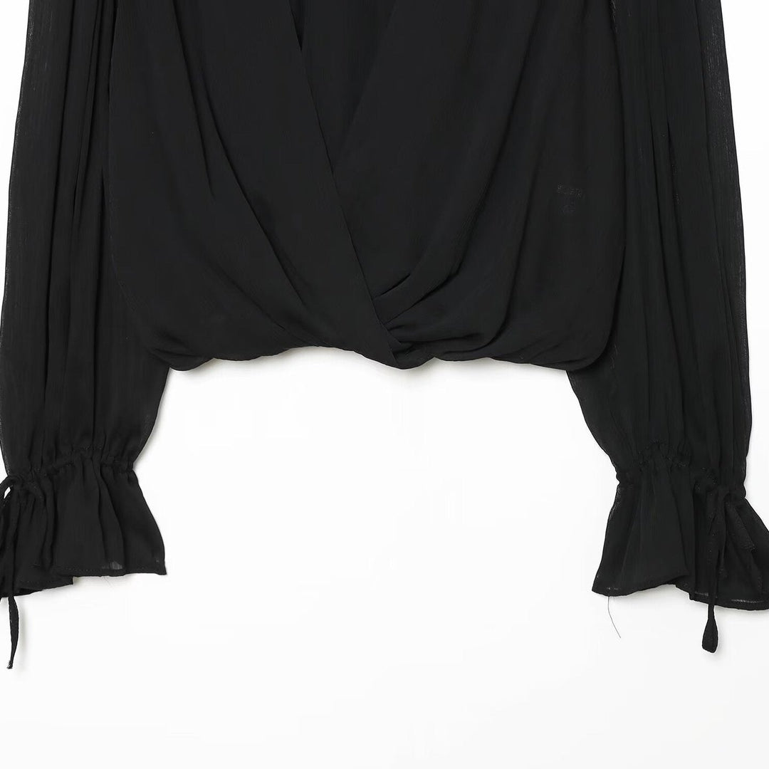 Women's Chiffon Blouse with Bow, Stand-Up Collar, and Gathered Balloon Sleeves Echoarchive
