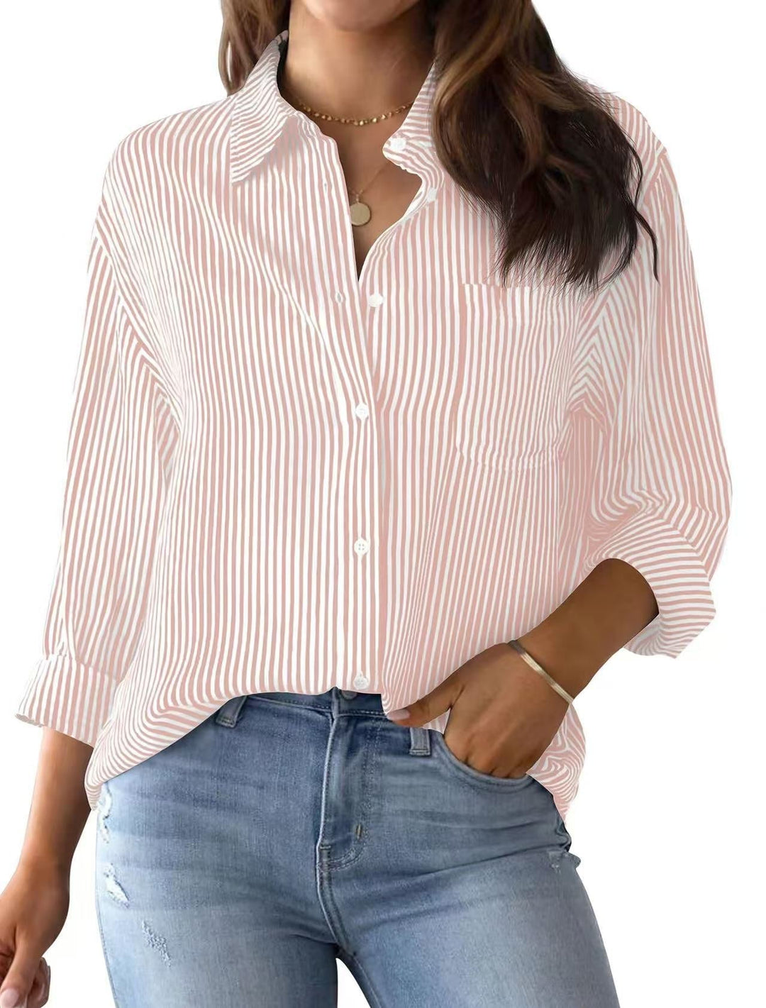 Women's Loose Striped Shirt with Chest Pocket
