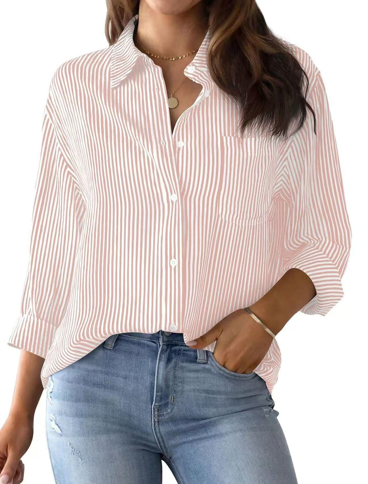 Women's Loose Striped Shirt with Chest Pocket