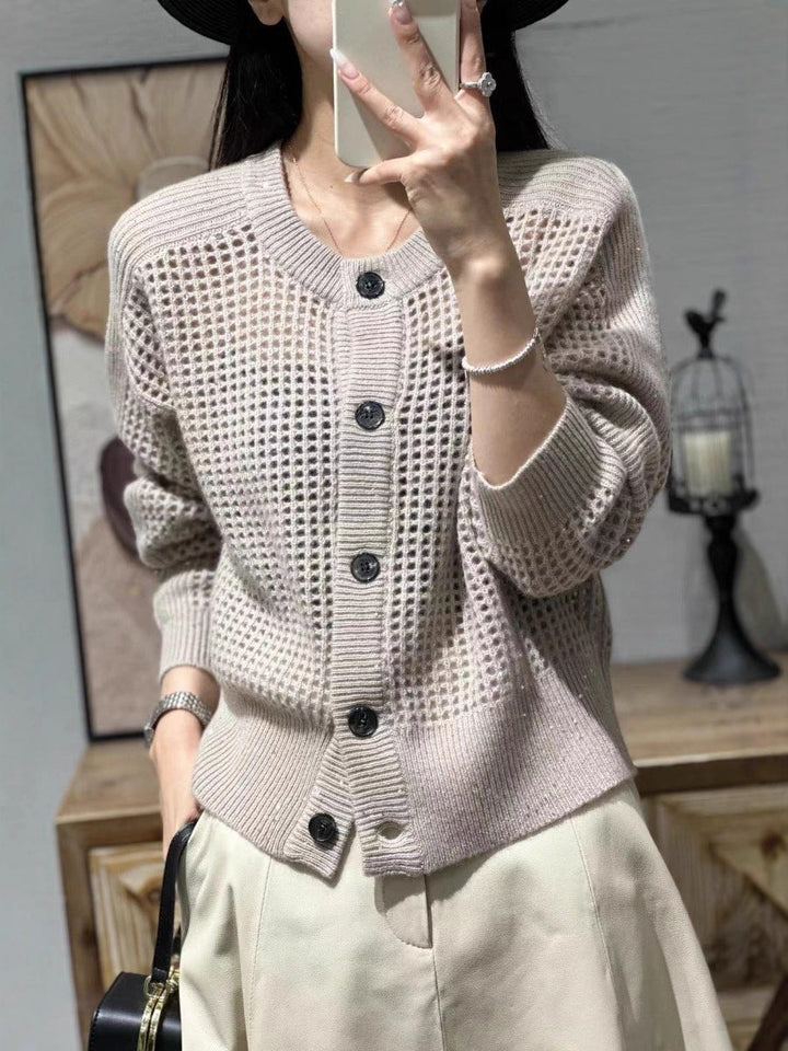 Women's Mesh Cardigan with Round Neck, Button Placket, and Long Sleeves