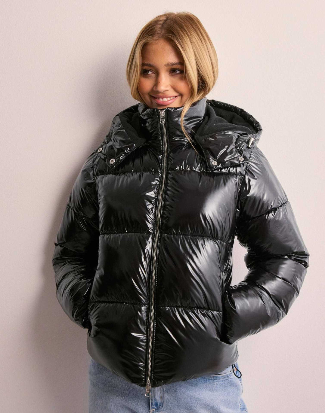 Ladies Shiny Padded Jacket with Removable Hood – Lightweight