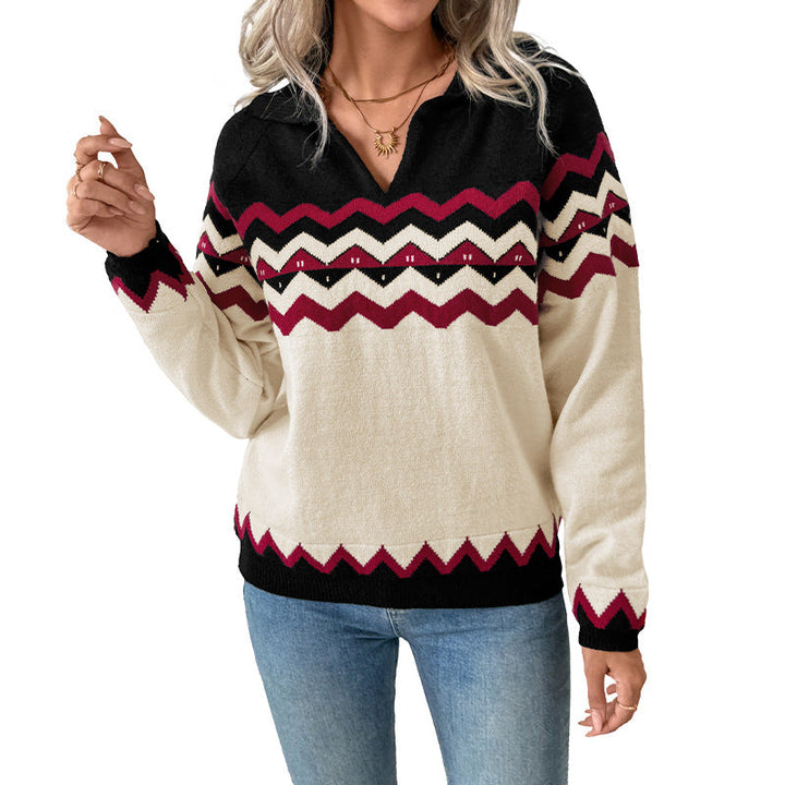 Women's V-Neck Sweater with Long Sleeves and Zigzag Pattern