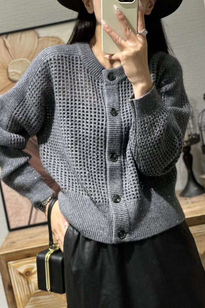 Women's Mesh Cardigan with Round Neck, Button Placket, and Long Sleeves