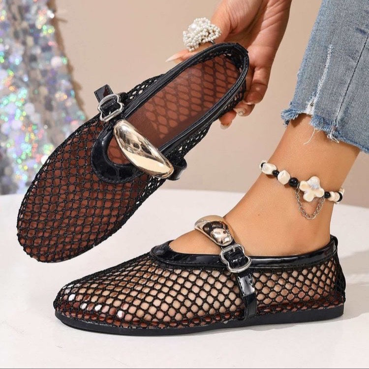 Women's Breathable Mesh Ballerinas with Decorative Buckles and Non-Slip Sole EB