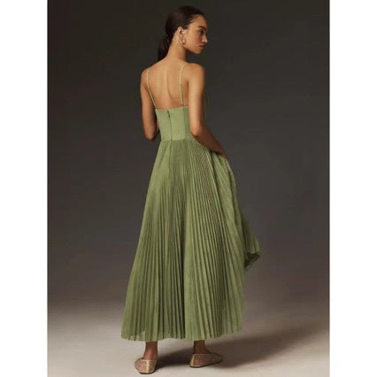 Women's Pleated Maxi Dress with Bustier Top & Flowing Skirt