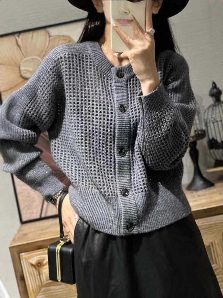 Women's Mesh Cardigan with Round Neck, Button Placket, and Long Sleeves