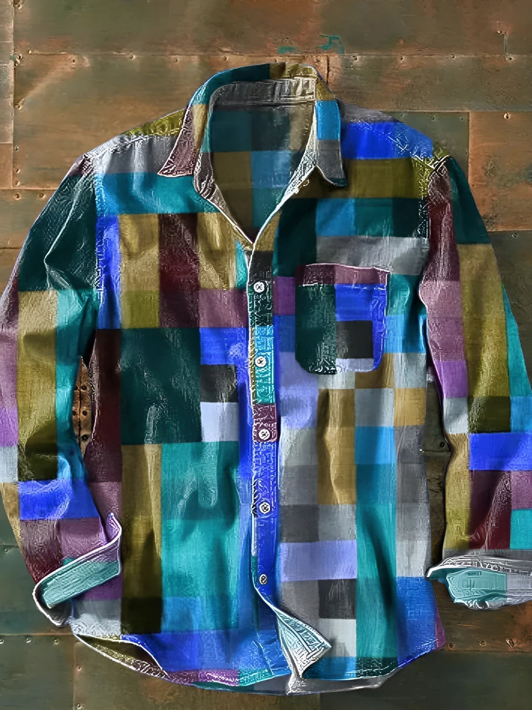 Men's Colorblock Patchwork Long Sleeve Shirt - Elena Harper