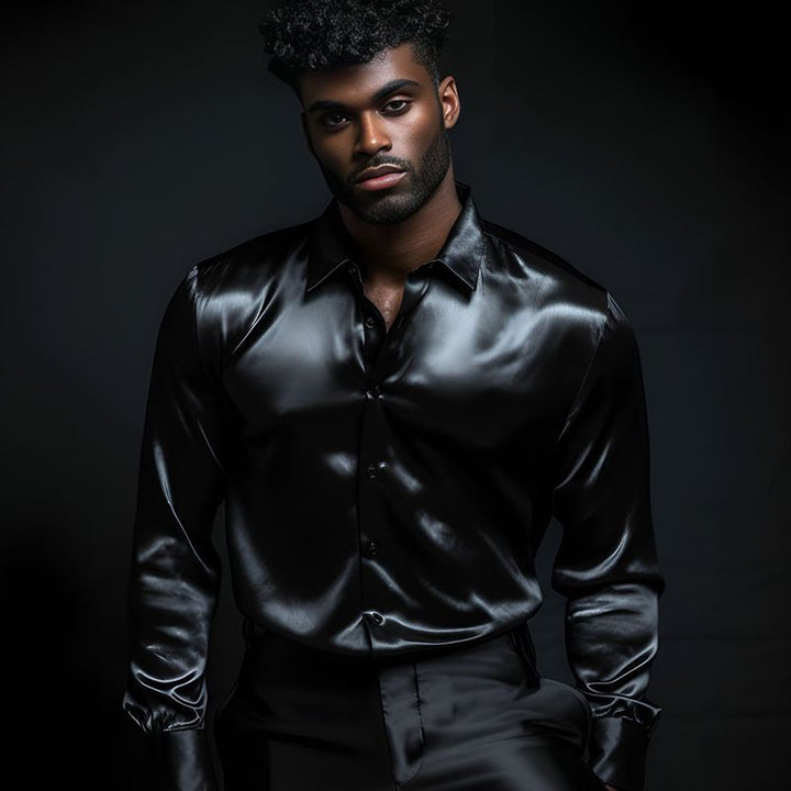 Satin Shirt with Stand-Up Collar for Men