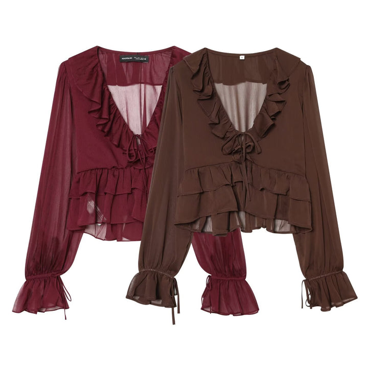 Women's Chiffon Cropped Blouse with Ruffled Trim, Tie Band, and Balloon Sleeves Echo Archive - Elena Harper