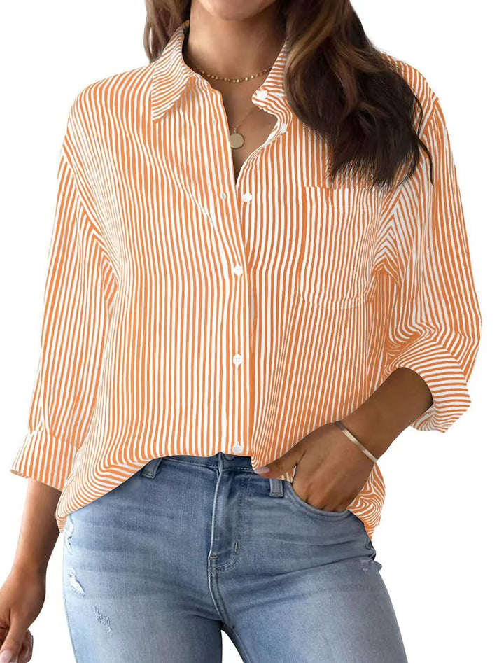 Women's Loose Striped Shirt with Chest Pocket