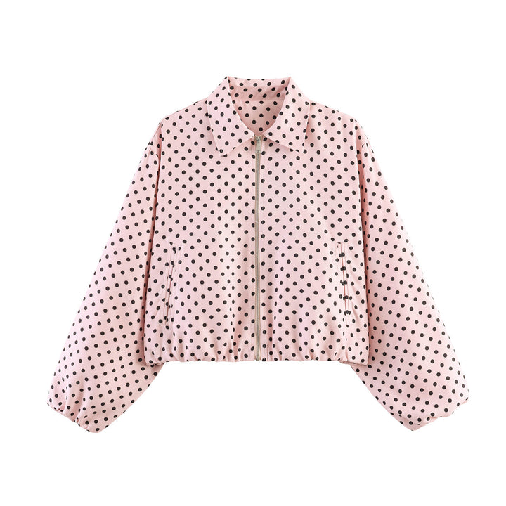 Women's Cropped Bomber Jacket with Balloon Sleeves, Elastic Hem, and Lapel Collar Echoarchive, view 2 - Elena Harper