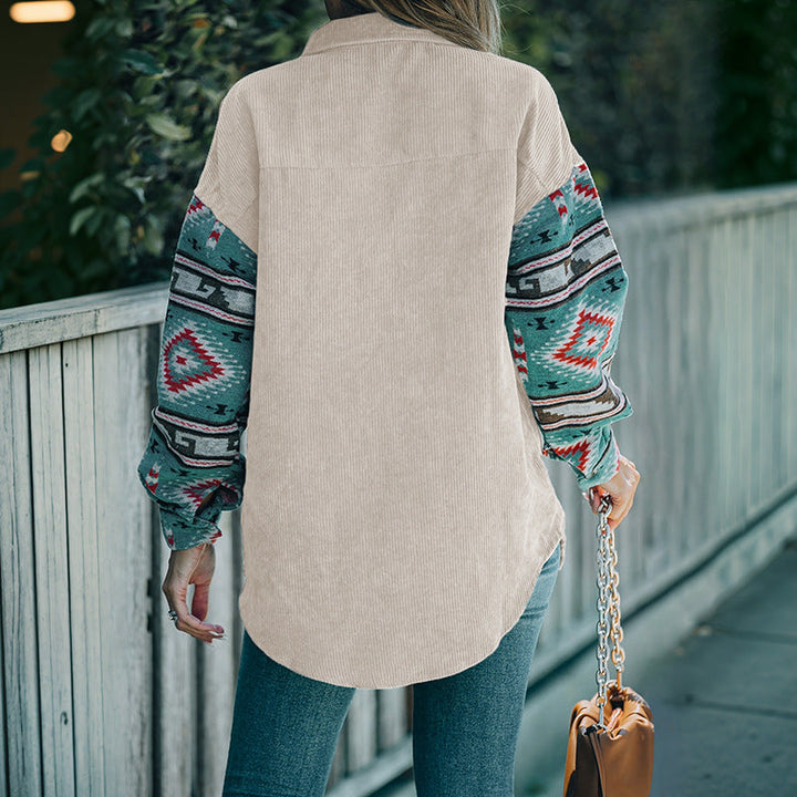 Women’s Cord Shirt Jacket with Patterned Knit Sleeves and Patch Pocket Célinea, view 4 - Elena Harper
