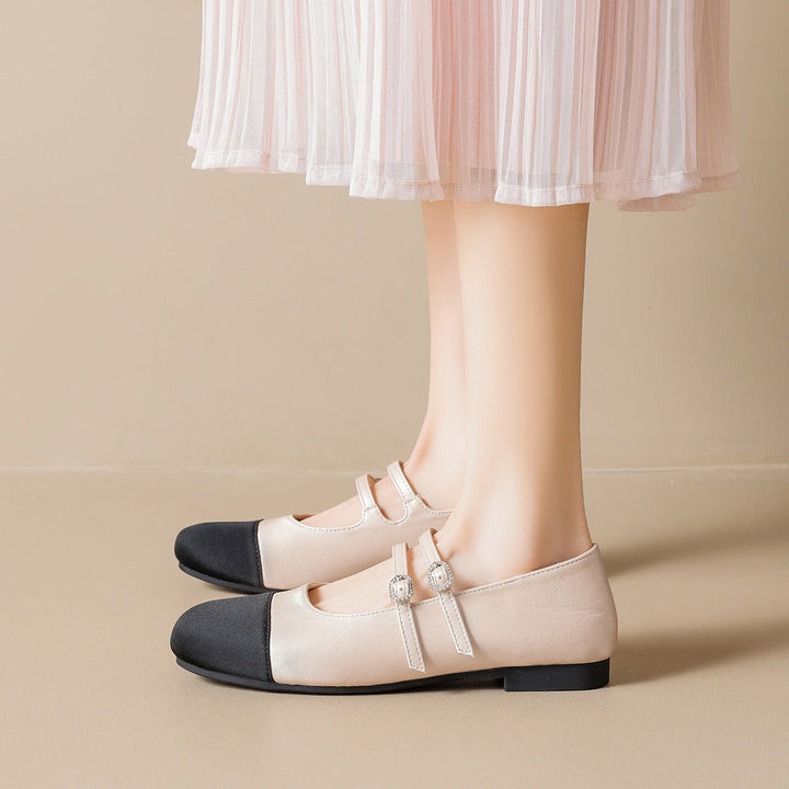 Women's Ballerina Shoes with Double Strap and Shiny Buckle Decoration EB