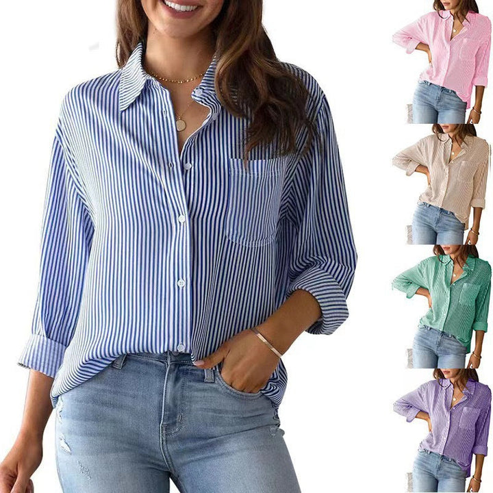 Women's Loose Striped Shirt with Chest Pocket