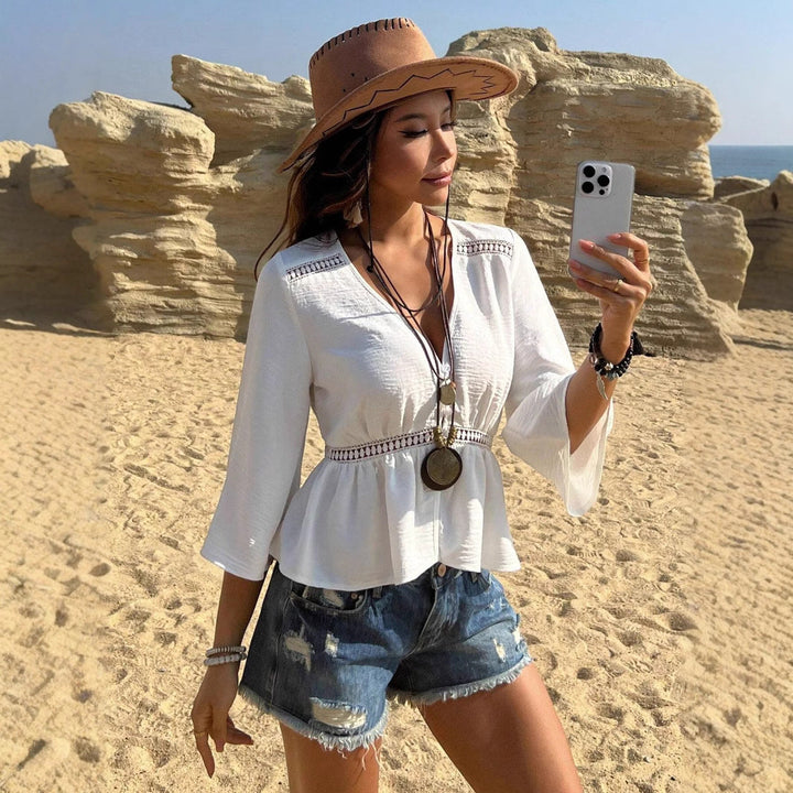 Lace Inset Blouse with Cut-Out Waist in Solid Color