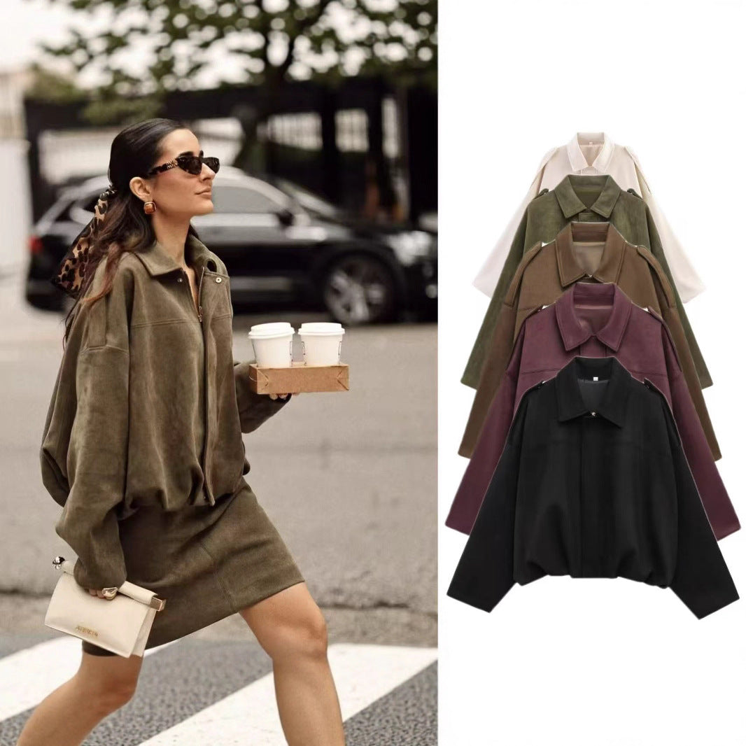 Women's Cropped Boxy Transitional Jacket in Suede Look with Epaulettes Echoarchive - Elena Harper