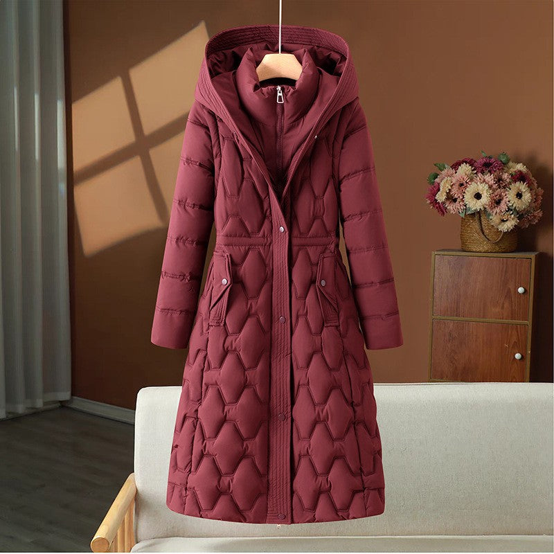 Women's Long Quilted Winter Coat with Hood and Tailored Silhouette, view 6 - Elena Harper