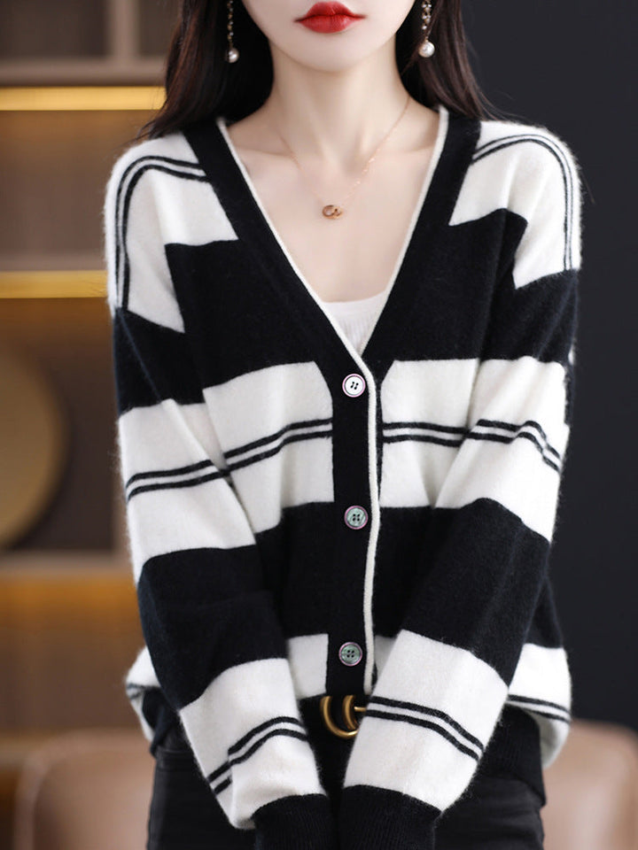 Women's Mid-Length Cardigan with Block Stripes, V-Neck, and Long Sleeves