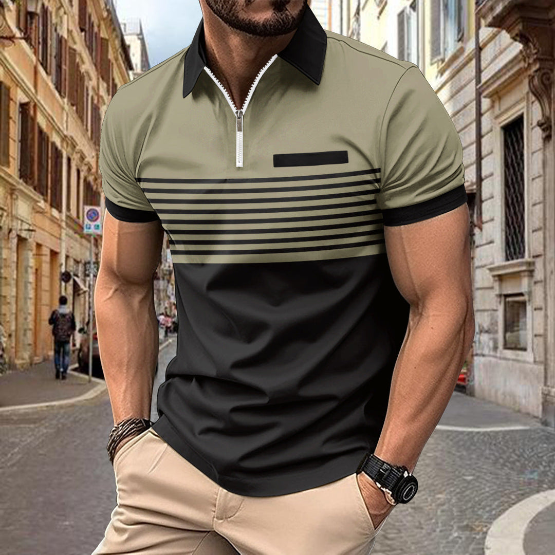 Men's Zip Polo Shirt with Modern Contrast Stripes
