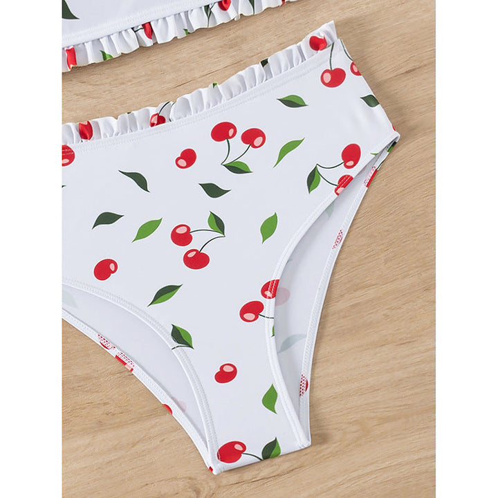Women's Bandeau Bikini with Cheerful Cherry Pattern and Elegant Ruffle EB