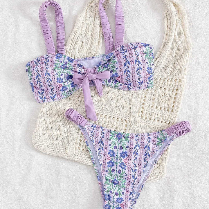 Women's Bandeau Bikini with Floral Design and Playful Ruffles EB