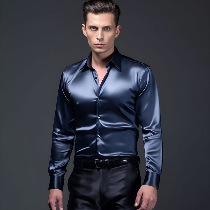 Satin Shirt with Stand-Up Collar for Men