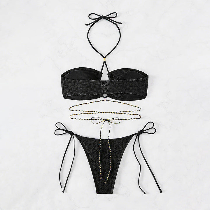 Women's Bandeau Bikini with Elegant Golden Accents and Playful Ties EB
