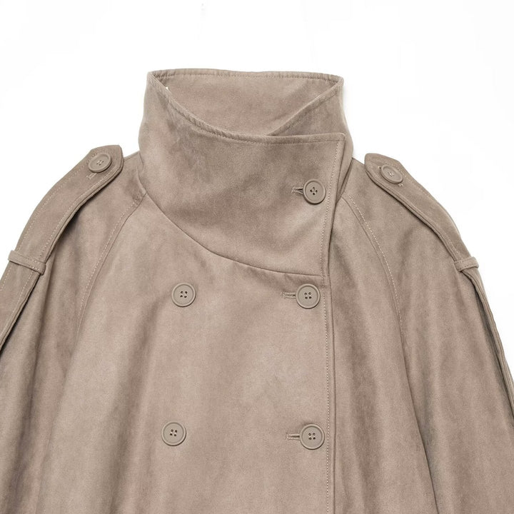 Women's Cropped Cape Trench Coat in Suede Look with High Stand Collar, Epaulettes, and Double-Breasted Button Placket Echoarchive, view 2 - Elena Harper