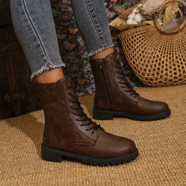 Women's Lace-Up Combat Boots Side Zip Lug Sole