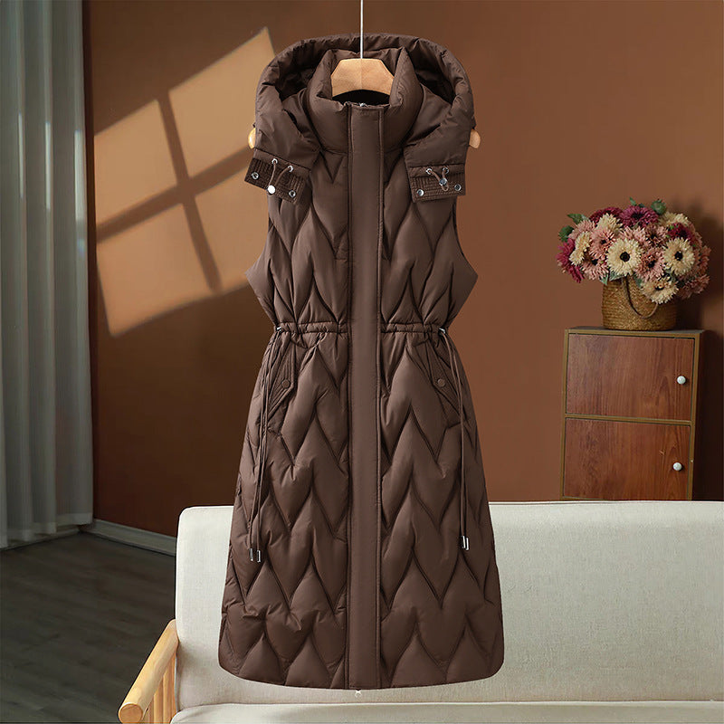 Women's Long Quilted Vest with Hood and Adjustable Drawstring