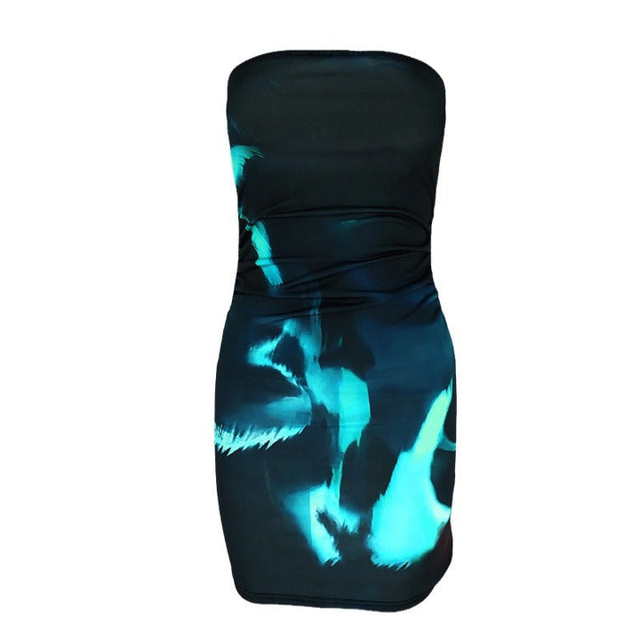 Women's Sleeveless Mini Dress with Ruching and Modern Pattern EB