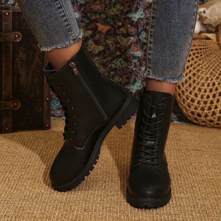 Women's Lace-Up Combat Boots Side Zip Lug Sole