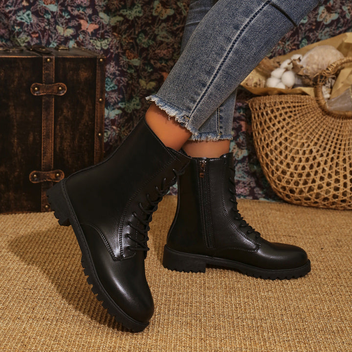 Women's Lace-Up Combat Boots Side Zip Lug Sole