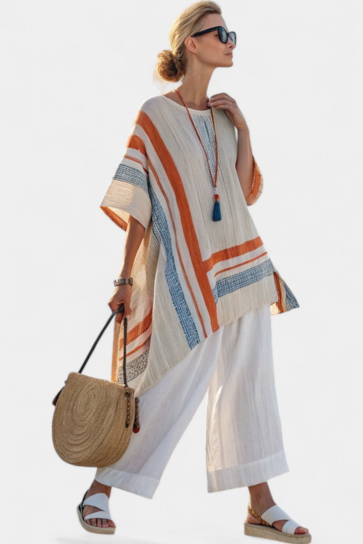 Caevan Sophisticated Asymmetrical Blouse & Wide-Leg Linen Pants - Elena Harper