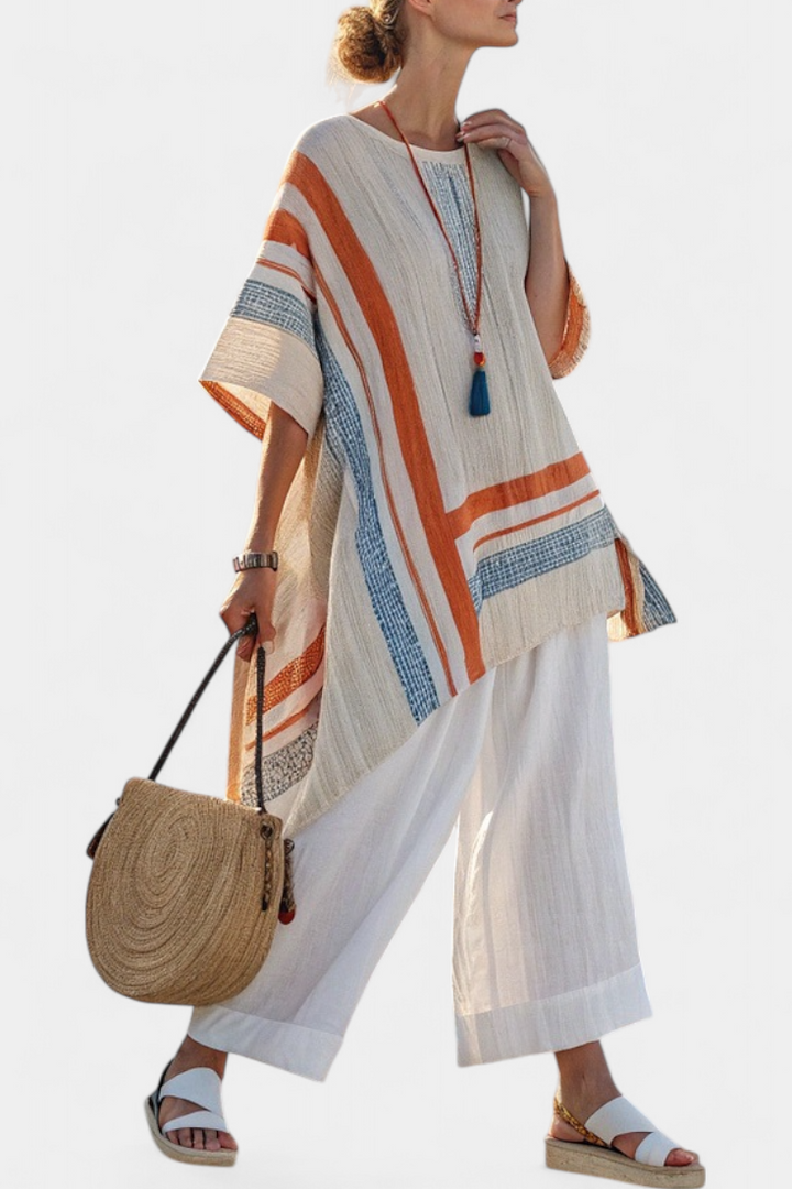 Caevan Sophisticated Asymmetrical Blouse & Wide-Leg Linen Pants - Elena Harper