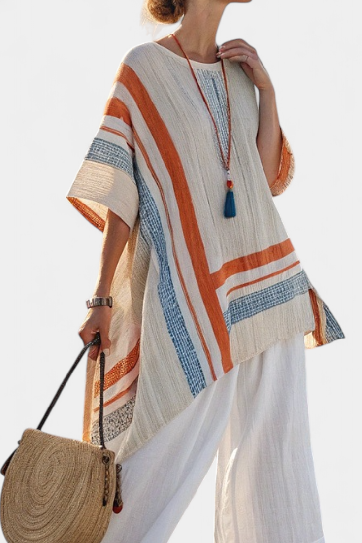 Caevan Sophisticated Asymmetrical Blouse & Wide-Leg Linen Pants - Elena Harper