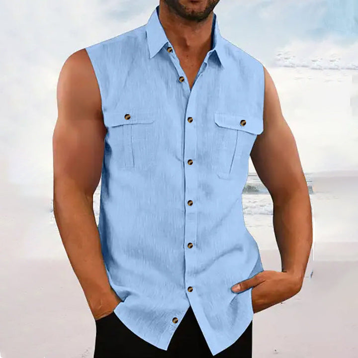 Men's Sleeveless Button-Down Shirt with Pockets - Lightweight & Stylish