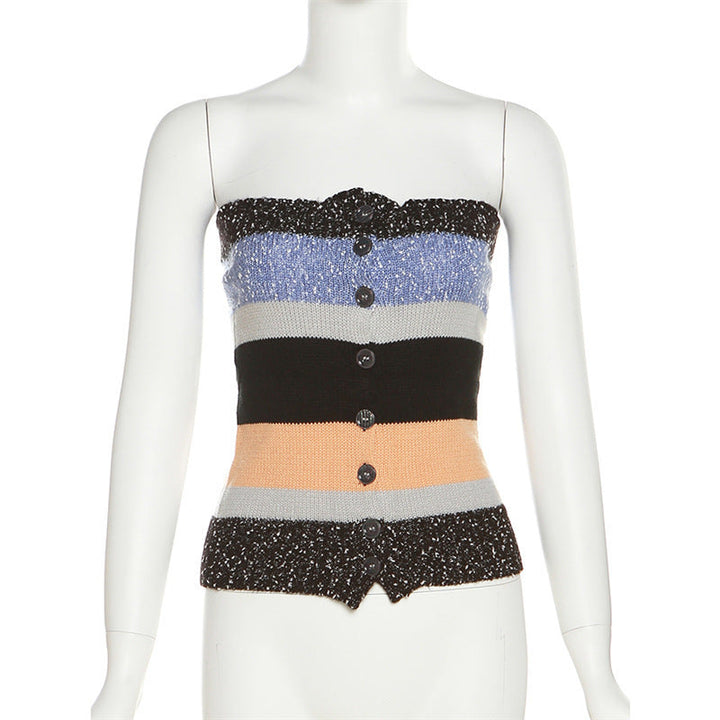 Women's Bandeau Top with Colorful Stripes and Decorative Buttons EB