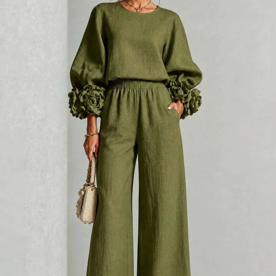 Cufflora Floral Cuff Wide-Leg Two-Piece Set - Elena Harper
