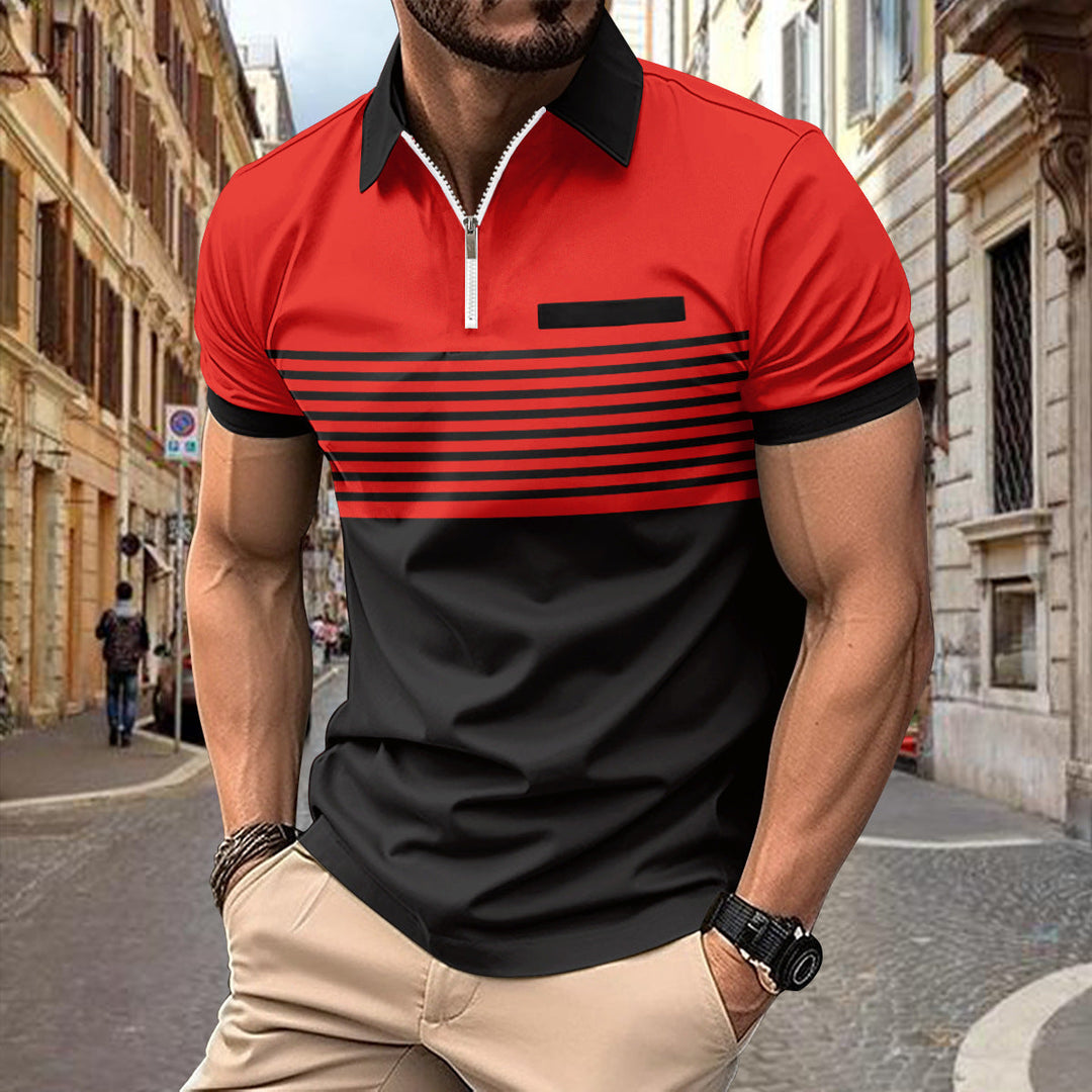 Men's Zip Polo Shirt with Modern Contrast Stripes