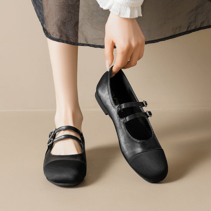 Women's Ballerina Shoes with Double Strap and Shiny Buckle Decoration EB