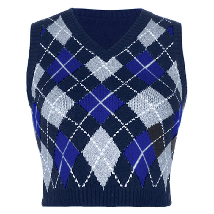 Women's Sleeveless Knit Top in Fashionable Argyle Pattern EB, view 7 - Elena Harper