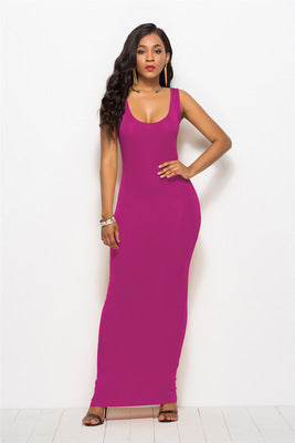 Women's Elegant Deep Round Neck Maxi Dress - Flattering Fit for Any Occasion