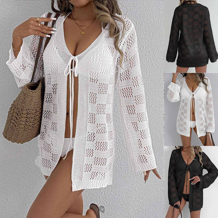 Women's Bath Tunic with Open Crochet Pattern and Tie Belt EB