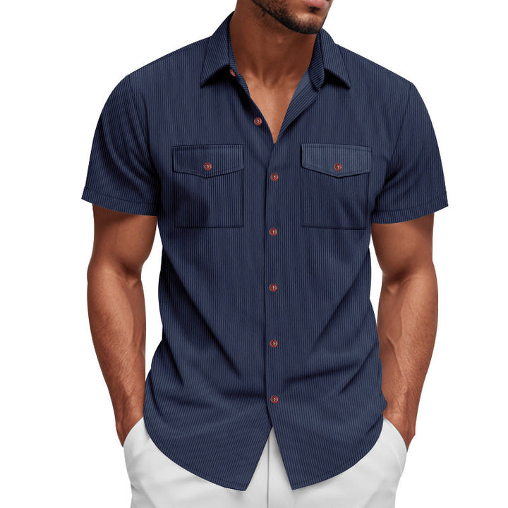 Men's Stylish Striped Short Sleeve Shirt with Dual Chest Pockets